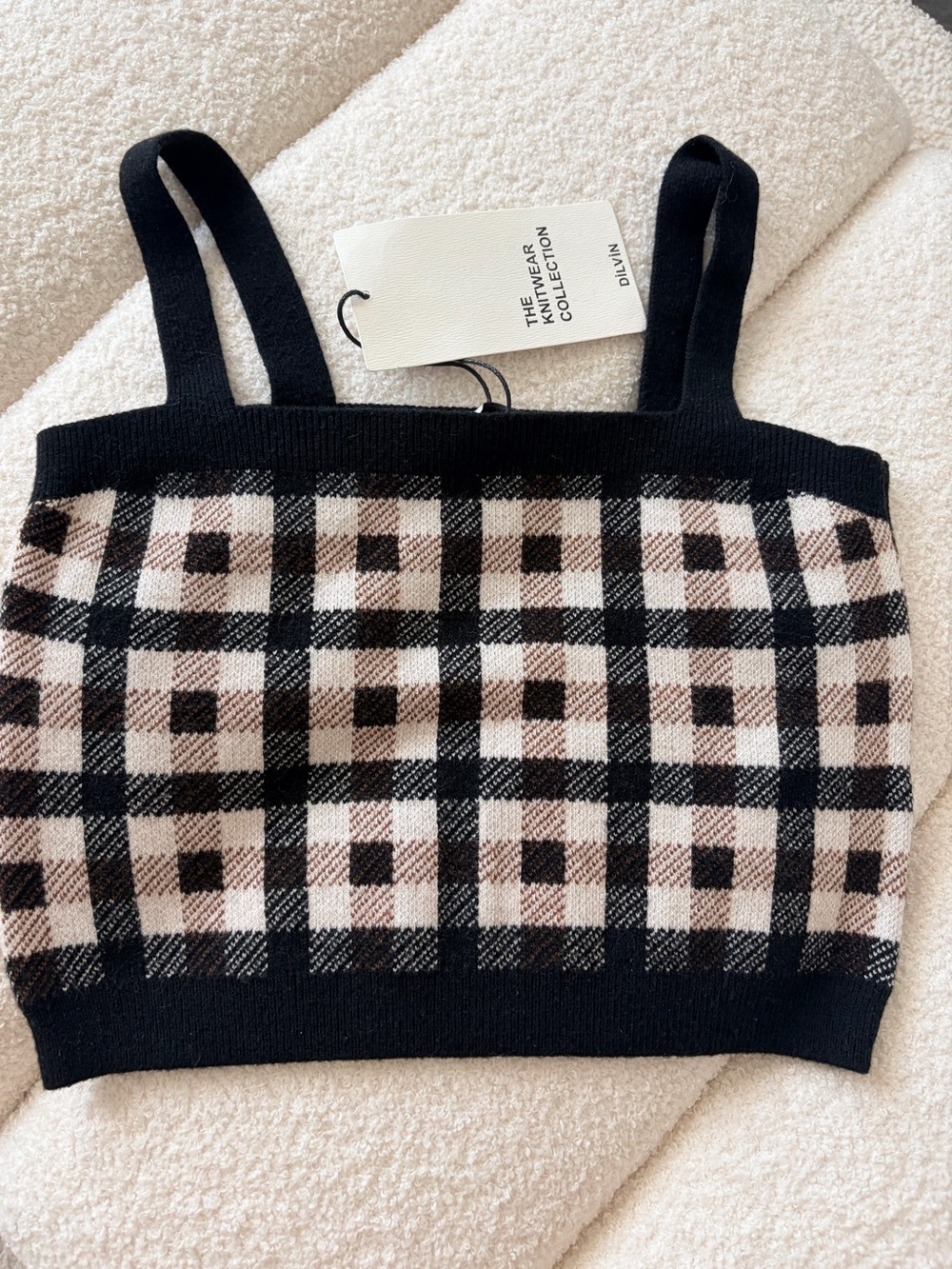 Dilvin Plaid Knit Strappy Crop Tank Top Small